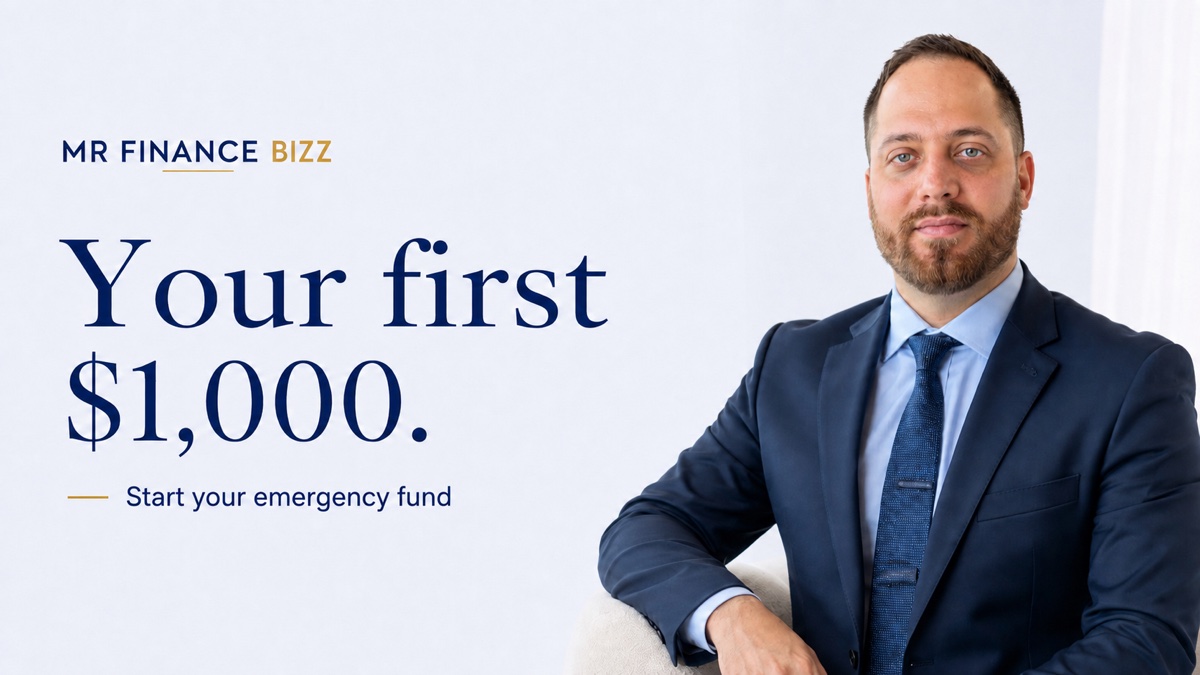 Your first $1,000. A fund for unexpected events. MrFinanceBizz cover with portrait.