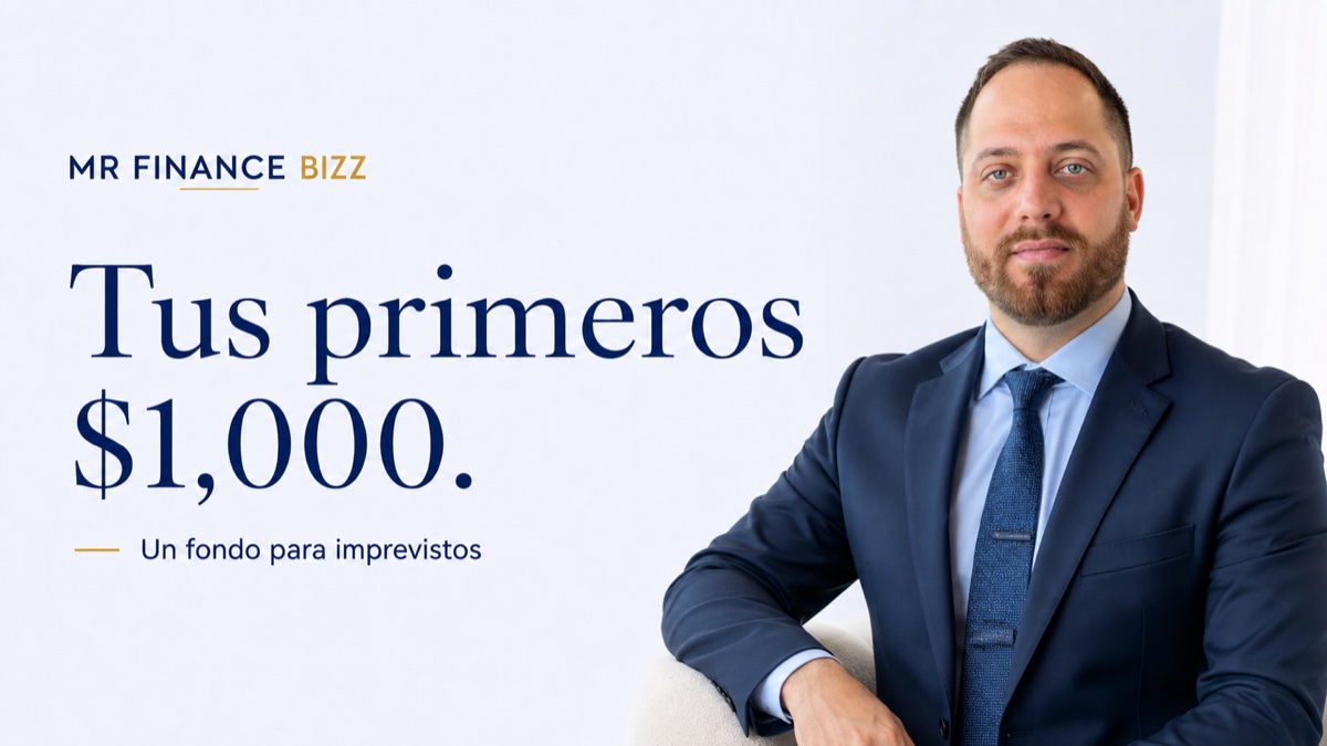 Tus primeros $1,000. Un fondo para imprevistos. Portada de MrFinanceBizz con retrato.
