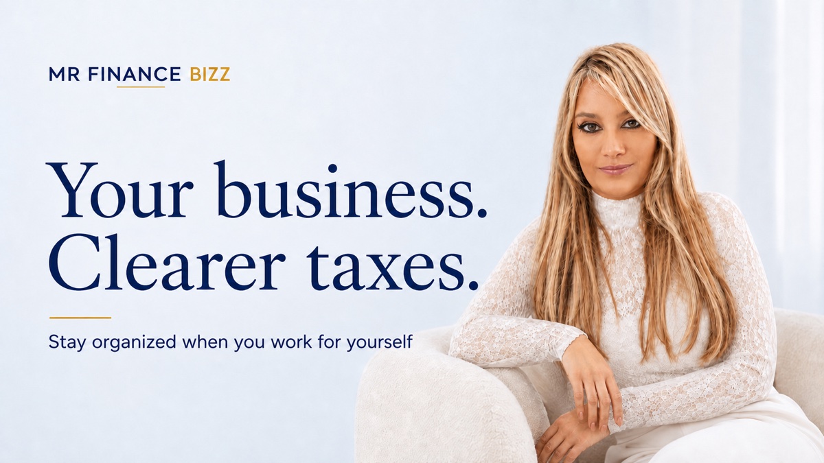 Your business. Clearer taxes. Stay organized when you work for yourself. MrFinanceBizz cover with a portrait.