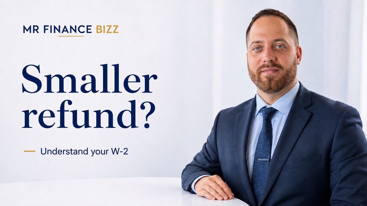 Smaller refund? Understand your W-2. MrFinanceBizz cover with portrait and title in blue.