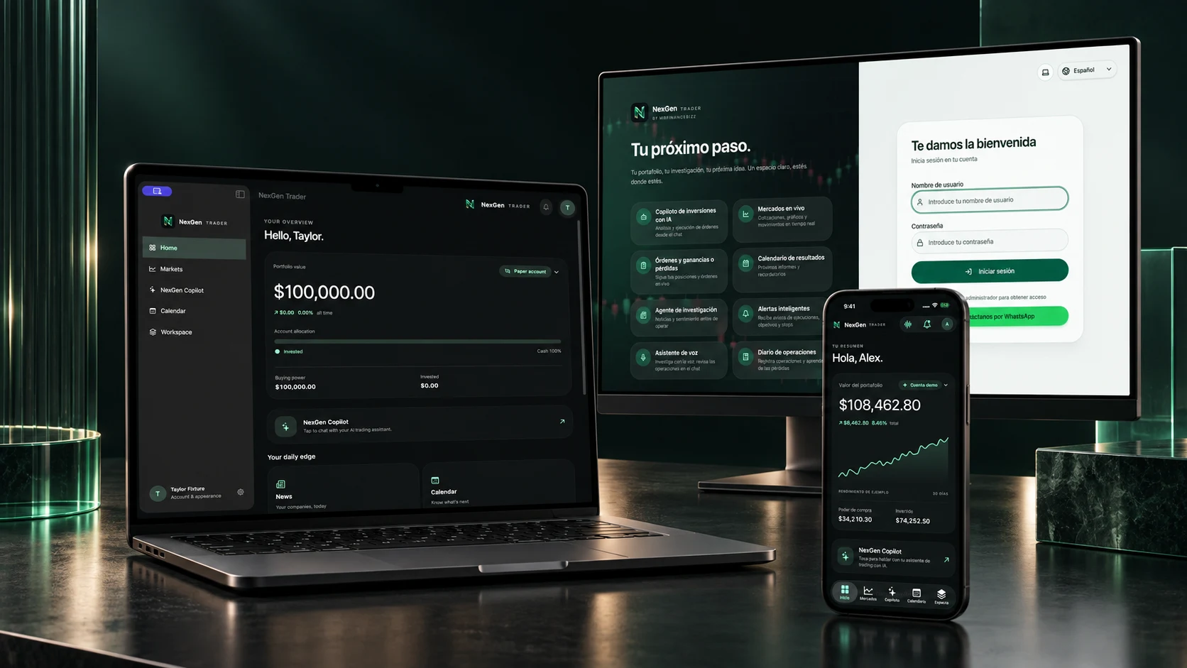 NexGen Trader en iPhone y computadora, con pantallas de demostración
